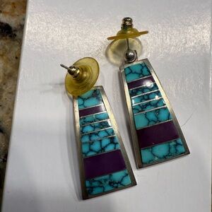 Turquoise and Purple Geometric Silver Earrings